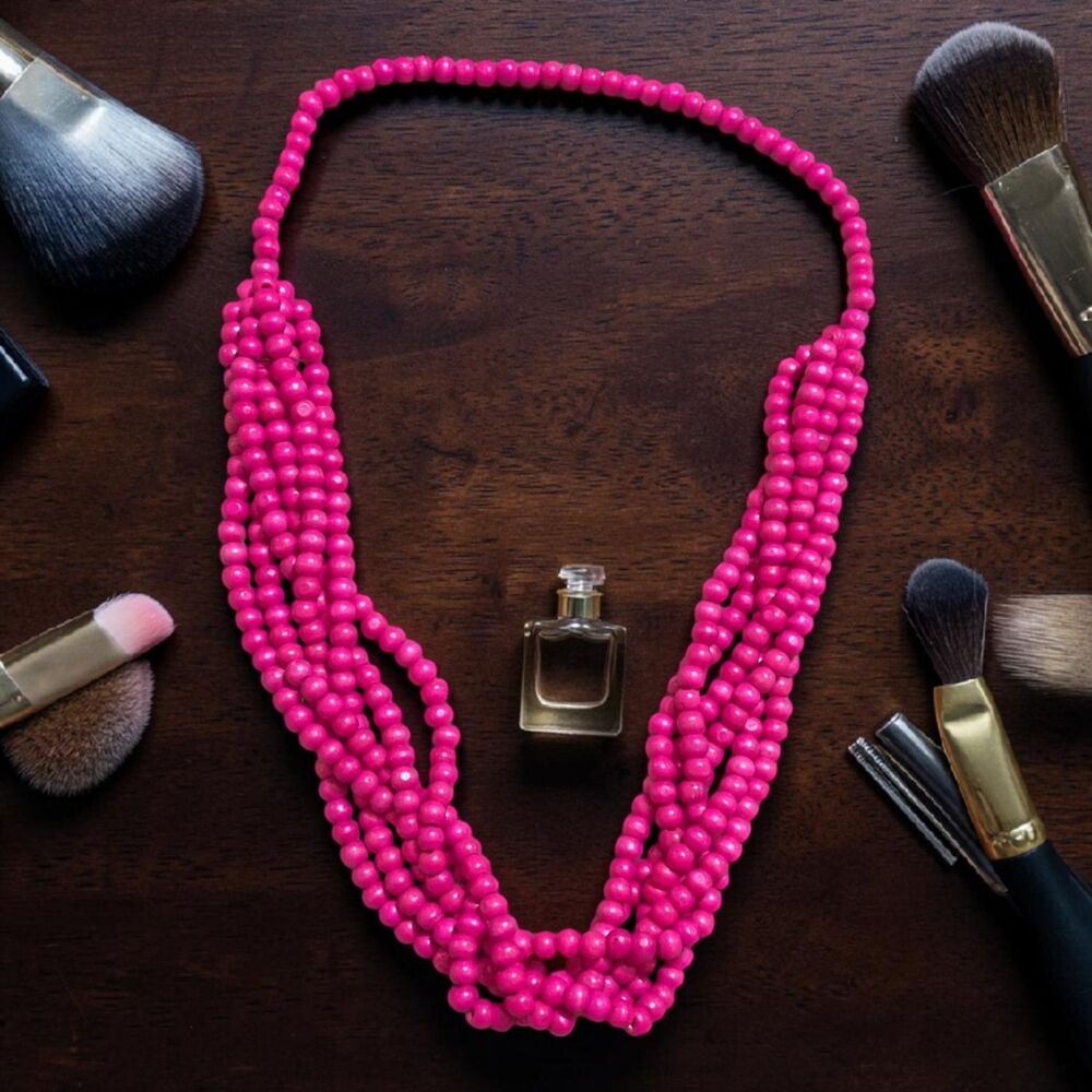 Pink Multi Strand Beaded Necklace Statement Chunky Layered Bold Fashion Jewelry - Picture 1 of 4